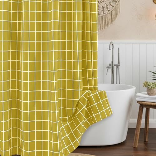Biscaynebay Fabric Gold Shower Curtain for Bathroom-Modern Farmhouse Faux Linen Textured Grid Plaid Shower Curtains, Minimalist Simple Geometric Neutral Decor Machine Washable-70x72 Inches
