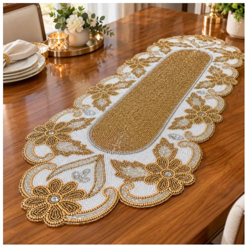 "Elegant 36"" Gold Beaded Table Runner ??? Handmade Decorative Beads Runner for Christmas & Thanksgiving ??? Festive Gold/Ivory Table Decor for Dining, Parties & Holidays"
