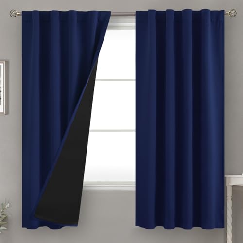 BGment Navy Blue 100% Blackout Curtains 63 Inches Long with Thermal Insulated Liner, Rod Pocket and Back Tab Double Layer Full Room Darkening Window Curtain for Bedroom, 2 Panels,Each 38 x 63 Inch