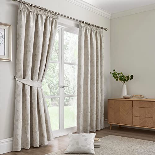 Curtina - Pale Beige Leaf Curtains W90 x L72 (229 x 183cm) - Cream Pencil Pleat Curtains with Floral Leaves - Fruit Tree Curtains in Ivory - Luxury Curtains & Drapes for Bedroom/Living Room