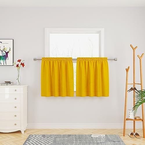 "UPOPO 30"" Long Textured Linen Semi Sheer Kitchen Curtains for Bathroom or Basement Yellow"