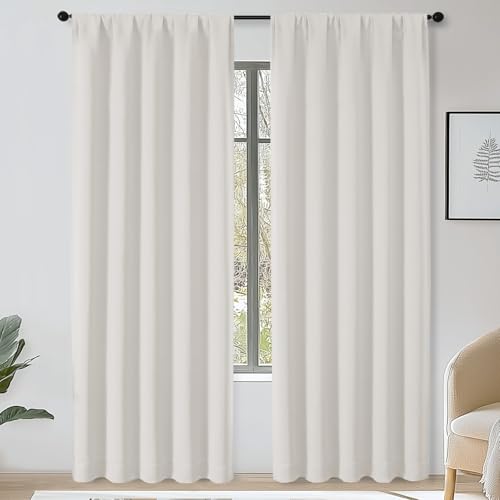 OWENIE Sally Natural Blackout Curtains 90 Inches Long 2 Panels Set for Bedroom Living Room, Solid Thermal Insulated Privacy Room Darkening Window Treatment Drapes, 2 Pcs Each W50 x L90 Inch, Natural