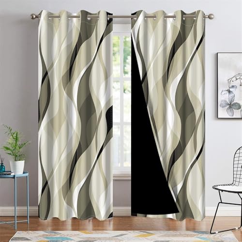 DORCEV Olive-Green Wave Lines Blackout Curtains Abstract Art Aesthetic Gradient Geometric Window Curtains Thermal Insulated Room Darkening Window Treatments Kitchen Curtains,26x63 inch,2 Panels