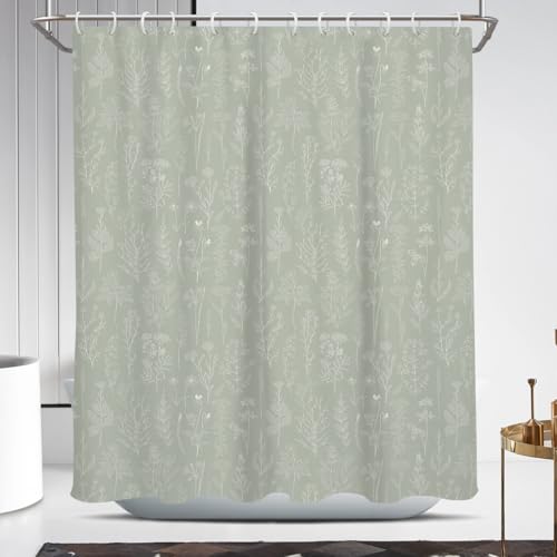 Coxila Vintage Floral Shower Curtain Green Flower Retro Spring Botanical Plants Country Cute Boho Rustic Farmhouse Wildflower Aesthetic Bathroom 60 x 72 Inch Polyester Fabric 12 Pack Hooks