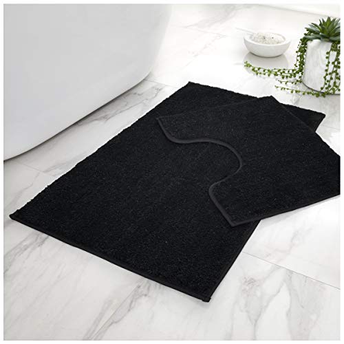 GAVENO CAVAILIA Super Soft 2 Piece Shiny Sparkling Bath Mat Anti Slip Pedestal Set, Extra Comfort Water Absorbent Bathroom Toilet Rug, Regular (50x80, 50x40 cm), Black, 456834