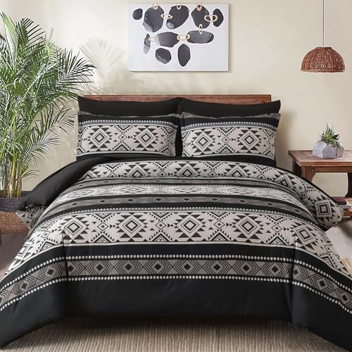 Anibedding Black Comforter Set Queen Size,7 Pieces Boho Striped Bed in a Bag Aztec Western Bedding Set, Soft Microfiber Farmhouse Bed Comforter Set for All Season