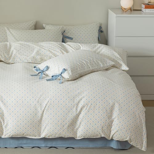 HighBuy Luxury Soft Comforter Set King Size 3 Piece Blue Floral Comforter Set Fluffy All Season with 2 Bowknot Bow Tie Pillowcases Coquette Bedding Comforters Bed Set for Women Men,Easy Care