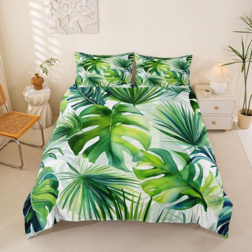 Erosebridal Tropical Bedding Tree Duvet Cover Set Queen Size Green Plant Palm Leaves Comforter Cover 3PC Jungle Botanical Leaf Duvet Cover+ 2 Pillow Shams for Kids Adult Room Decor