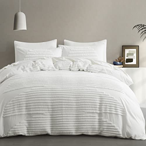BEDAZZLED Queen Size Duvet Cover, White, 5 Pieces, Microfiber - Textured Duvet Cover Sets, Soft and Breathable, Boho Tufted Bedding Comforter Cover Set for Gifts, Comforter Not Included