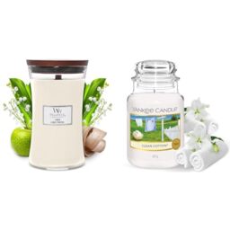 Woodwick Large Hourglass Scented Candle - Linen - with Crackling Wick - Burn Time: Up to 130 Hours Glass & Scented Candle - Clean Cotton Large Jar Candle - Long Burning Candles: up to 150 Hours