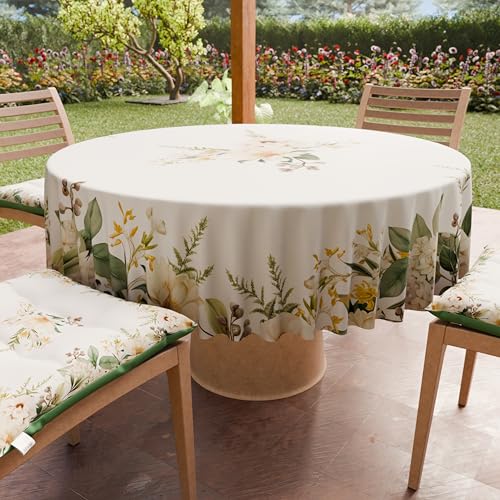 PETTI Artigiani Italiani - Anti-Stain Round Microfibre Tablecloth (Diameter 240 cm), Kitchen Table Cover for Round Table, Botanical Design, 100% Made in Italy