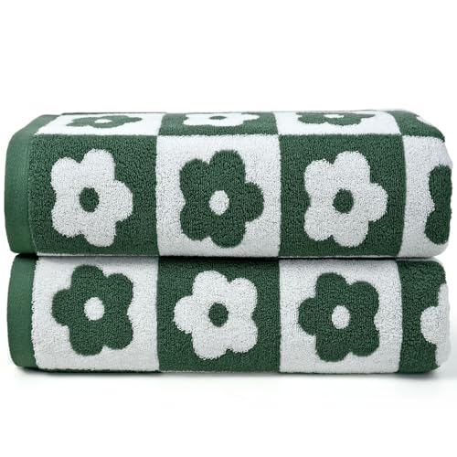 Jacquotha Green Bath Towels Set of 2 Checkered Floral - Quick Dry Cotton Towels Decorative Bathroom Essentials for Women Men Kids 27.5x55 Inches