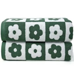 Jacquotha Green Bath Towels Set of 2 Checkered Floral - Quick Dry Cotton Towels Decorative Bathroom Essentials for Women Men Kids 27.5x55 Inches