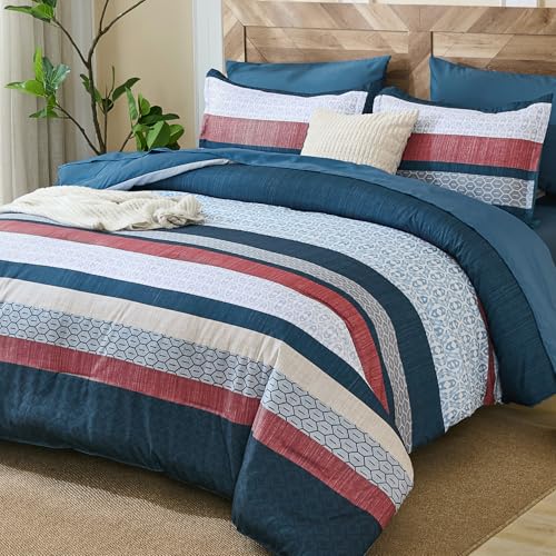 "DJY Blue Comforter Set King Size,Boho Striped Bedding Sets Bed in a Bag,7 Pieces Soft Microfiber Bedding Set for All Season(104""??90"")"