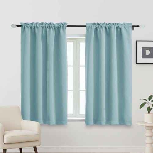 OVZME Turquoise Short Blackout Curtains for Bedroom 45 Inches Long 2 Panels Set, Solid Thermal Insulated Blackout Curtains, Energy Saving Soft Fabric Window Drapes, Dual Rod Pocket, 2x40Wx45L Inches
