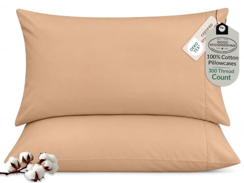 "ROYALE LINENS 300 Thread Count 100% Long Staple Combed Cotton Pillowcases Set of 2 - Ultra Soft - Standard Bed Pillow Cover - 20""x26"" - Breathable, Cool & Crisp Percale Sand Pillow Cases (Std, Sand)"