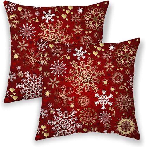 BETGINY Christmas Pillow Covers 22x22, Xmas Gold White Red Snowflakes Throw Pillows for Couch, Rustic Winter Holiday Decorative Cushion Covers 2 Pcs Soft Farmhouse Square Pillowcase for Home Sofa Bed