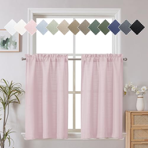 Chyhomenyc Blush Pink Faux Linen Textured Small Cafe Curtains - Light Filtering Short Window Curtains for Bathroom - 30x30 Inch, 2 Pieces