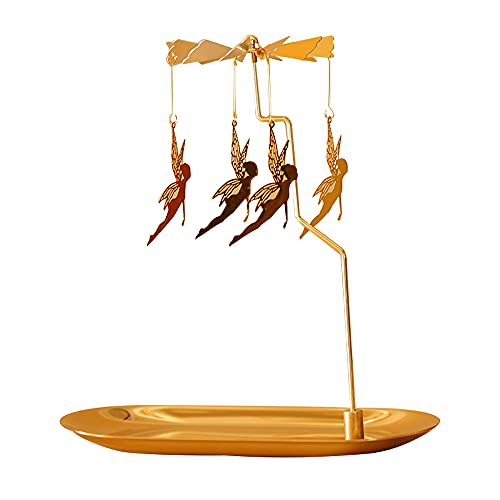 Rotating Candle Holder with Tray, Gold Candle Spining Metal Holder for Christmas, Valentine's Day, Party Table Decor, Gift (Gold Elves)
