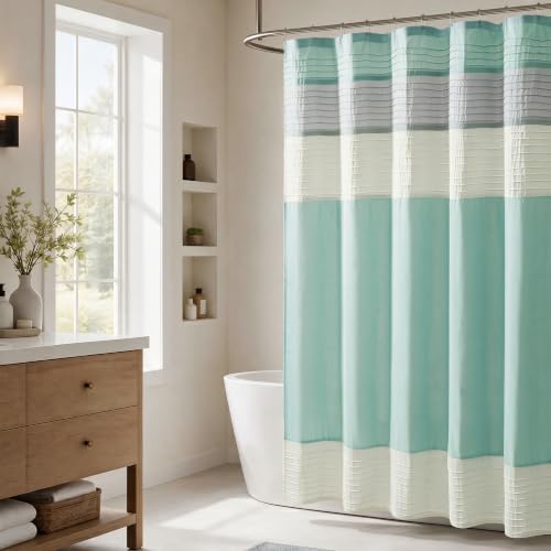 Madison Park Amherst Bathroom Shower Curtain Faux Silk Pieced Striped Modern Microfiber Bath Curtains, 72x84 Inches, Aqua