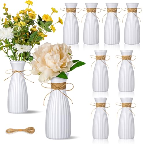 Ninehaoou 10 Pcs Plastic Flower Bud Vases Bulk with Twines Ropes Small Mini Flower Vases for Centerpieces Decorative Plastic Bottles for Wedding Reception Dining Table Home Decoration (White)