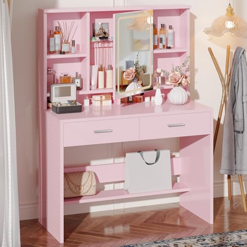 JUMMICO Dressing Table with LED Lighting,Vanity Table with Mirror and Jewelry Hooks,3 Colors Adjustable Brightness,Makeup Desk with 2 Drawers and 4 Open Shelves for Bedroom（Pink）