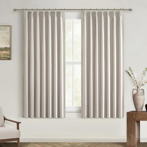 "QJmydeco Short Black Out Curtains 56 Inch Long for Bedroom 54 Inch Length Window Treatments, Blackout Linen Boho Pinch Pleated Kitchen Thermal Drapes for Summer Heat Living/Bathroom (40""x56""2 Panels)"
