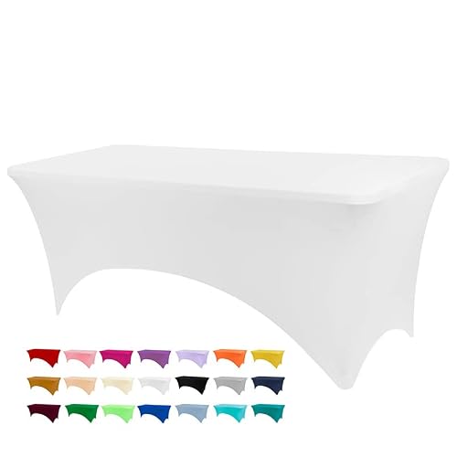 BDDC Spandex Table Cover, White Tablecloth 6FT, Fits Tables Size [183Lx76W x76H] cm, Washable and Wrinkle Resistant Stretch Rectangular Table Cover for Event, Wedding, Banquet & Parties