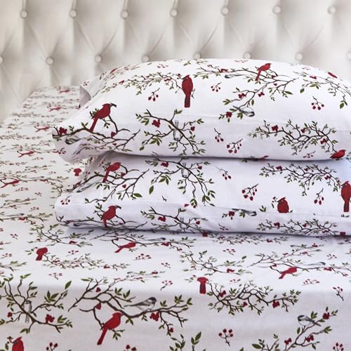 Elegant Comfort Ultra Soft 4-Piece 100% Turkish Cotton Flannel Sheet Set - Holiday Christmas Flannel Sheets, Warm and Cozy Anti-Pill Premium Quality, Deep Pocket Fitted Sheet- Twin XL, Cardinal