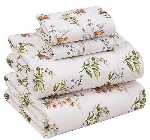 "Ruvanti 100% Cotton Full Size Bed Sheets, 4 Pieces, Soft & Breathable Percale Weave Bedding, Deep Pocket 16"", Hotel Standard, Crisp Cool Feel, Durable, Perfect Sheet Set Floral, Floral Bliss"