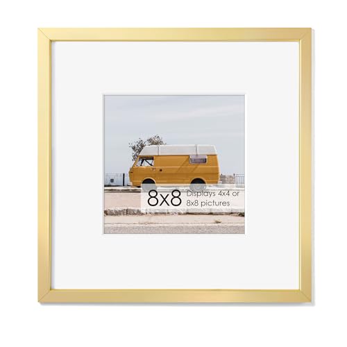 Fun Memories 8x8 Aluminum Picture Frame, Premium Square Photo Frames with Mat for 4x4 or Without Mat for 8 x 8, Simple and Elegant Decor for Wall Mounting, Gold, 1 Pack