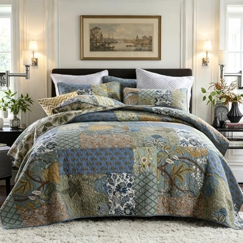 camandy Cotton Bedspread Quilt Bedding Sets 3 Pieces Reversible Coverlet Sets Comforters Rustic Paisley Floral Patchwork Sage Green Bedspread, Queen Size