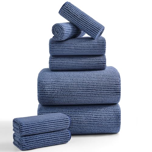 8-Piece Premium Towel Set for Bathroom-2 Oversized Large Bath Sheet,2 Hand Towels,4 Washcloths-Soft Cozy Highly Absorbent Fast Dry Microfiber Shower Towel Set for Hotel Bathroom Essentials,Navy Blue