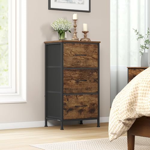 SONGMICS Chest of Drawers, 3 Fabric Drawers Storage Unit, Steel, MDF, Non-Woven Fabric, for Bedroom, Closet, Hallway, Living Room, Rustic Brown and Ink Black LGS313BH03