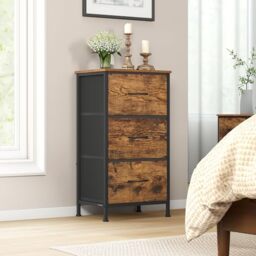 SONGMICS Chest of Drawers, 3 Fabric Drawers Storage Unit, Steel, MDF, Non-Woven Fabric, for Bedroom, Closet, Hallway, Living Room, Rustic Brown and Ink Black LGS313BH03