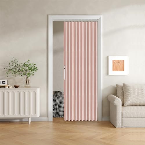 Jilron 100% Blackout Fabric Folding Curtain with Magnetic Closure - Accordion Style for Sliding Door, Closets, Wardrobe and Temporary Solutions (W42 x L78, Pink, 1 Panel)