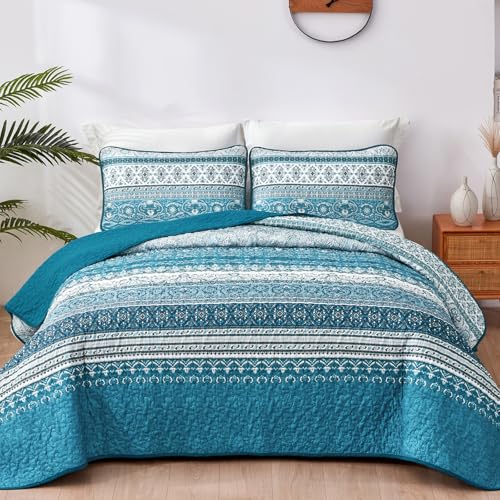"WONGS BEDDING Boho King Quilt Set, Teal and Blue Bohemian Quilt Bedding Set, Lightweight Bed Decor Bedspread for All Season Reversible Microfiber Coverlet Bedding Set 103""x90""(3 Pieces)"