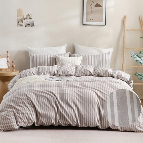 "ATsense Striped Duvet Cover Queen Size 100% Washed Cotton Comforter Cover - 90""x90"" Brown & White Linen Like 3 PCS Super Soft Comfortable and Breathable Duvet Cover Set with Zipper Closure Queen"