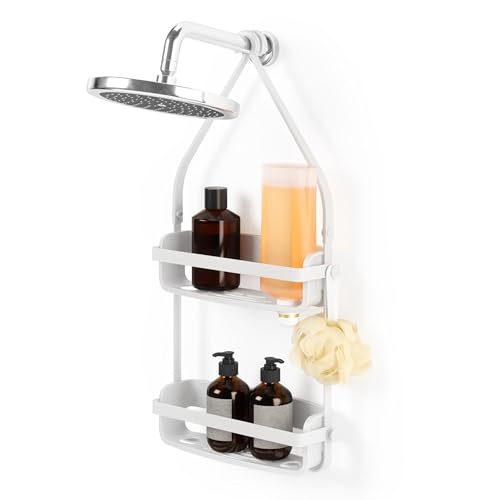 Umbra Flex Shower Caddy, Hanging 2 Shelves Bathroom Organizer, White - Flexible silicone bands, drainage system, mold resistant, bottle collars, overhead mount