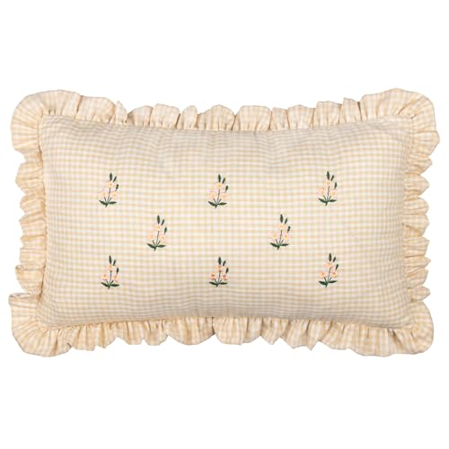 furn. Les Petite Fleurs Feather Filled Cushion – Embroidered Floral Ruffle Trim Gingham Decorative Pillow (Natural – 40x60cm)