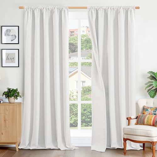 BGment Greyish White Linen Blackout Curtains 84 Inches Long for Living Room - Room Darkening Drapes with Rod Pocket Black Out for Bedroom Thermal Insulated, 2 Panels, 52 X 84 Inch