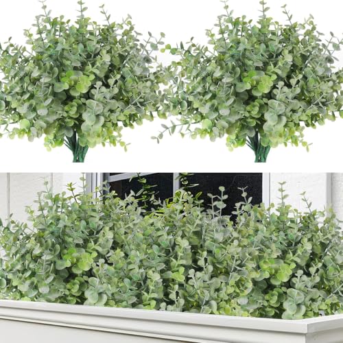 RECUTMS 8 Bundles 13In Artificial Eucalyptus Greenery Plants Stems Outdoor Fake Boxwood Bushes Branches for Summer Farmhouse Office Vase Centerpiece Indoor Wedding Home Decoration(Dusty Green)