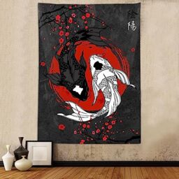 Sanzugh Japanese Yin Yang Koi Fish Tapestry, Cool Red and Black Anime Sakura Art Tapestries Vertical Wall Hanging for Men Bedroom Living Room Office Decor 40X60, Asian Cherry Blossoms Poster Blanket