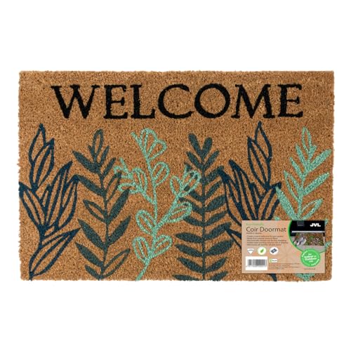 JVL Eco-Friendly Latex Backed Coir Entrance Doormat, 40x60cm - Welcome Leaves