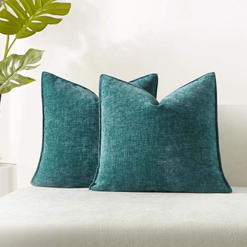 16x16 Chenille Decorative Throw Pillow Covers Case Set of 2,Turquoise - JUSPURBET Decorative Chenille Texture Cushion Covers,for Couch Bed Sofa Living Room Bedroom,Luxury Modern Home Decor