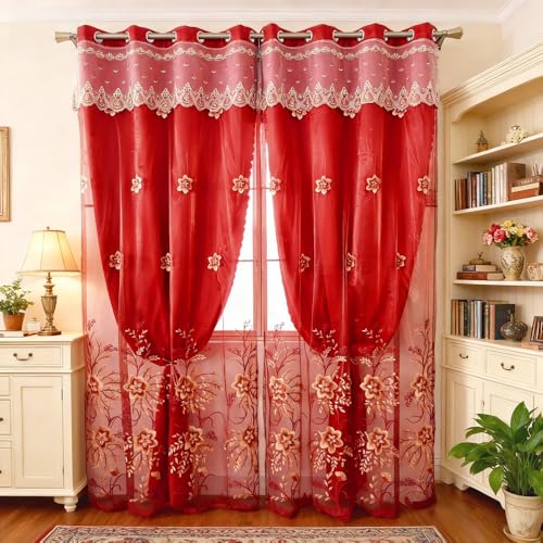 Amidoudou 1 Pair European Double Layer Curtains for Living Room Bedroom Luxury Flower Embroidered Curtains with Valance (Red,52x96 Inch)