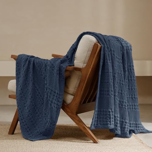 "PHF 100% Cotton Waffle Weave Throw Blanket, Soft Lightweight Breathable Cozy Throws for Couch Bed Sofa, Luxury Aesthetic Christmas Blanket Gift for Home Decor & Office, 50""x60"", Indigo"