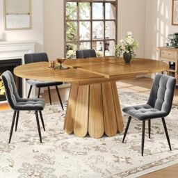 FAVSH Extendable Dining Table with Elegant Table Leg Design,Extendable Table Top Round Dining Table,Extends to Oval,118–158 cm,Seats Up to 6 People,for Small Space,Dining Room,Wood