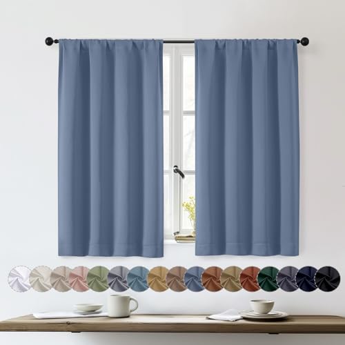 OWENIE Sally Denim Short Blackout Curtains for Bedroom Living Room 45 Inch Length 2 Panels Set, Solid Energy Saving Insulated Bathroom Window Treatment Curtains Blackout Drapes, 2 Pcs Each W40 x L45