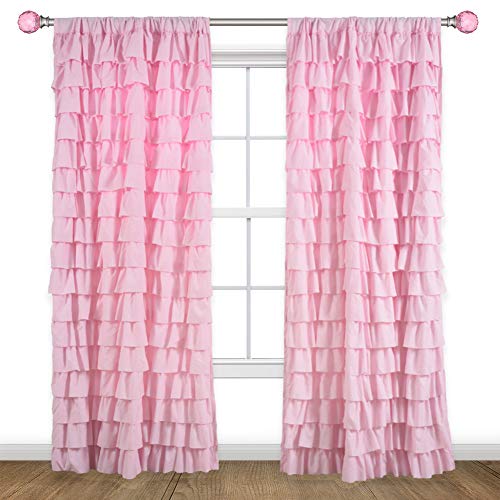 Kotile Pink Ruffle Curtain for Girls Bedroom Boho Chic 52x96 Inch 1 Panel - Rod Pocket Sets Folds, Matte Weave Softness, Eases Daylight, Tender Boho Mood, Lengthened Wall Line, Privacy
